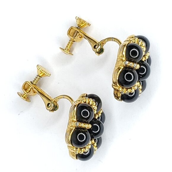 Vintage Napier Black Ball Goldtone Wreath Earrings Screwback 3/4" - Picture 2 of 3